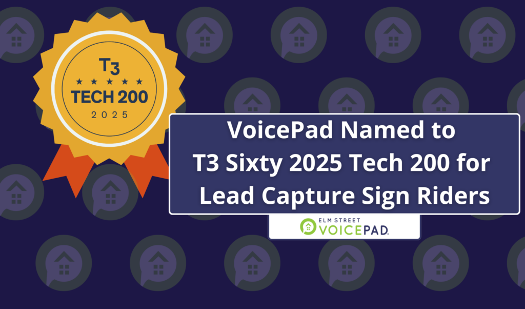 T3 Sixty 2025 Tech 200 badge with blog title and faded VoicePad icon on a dark blue background